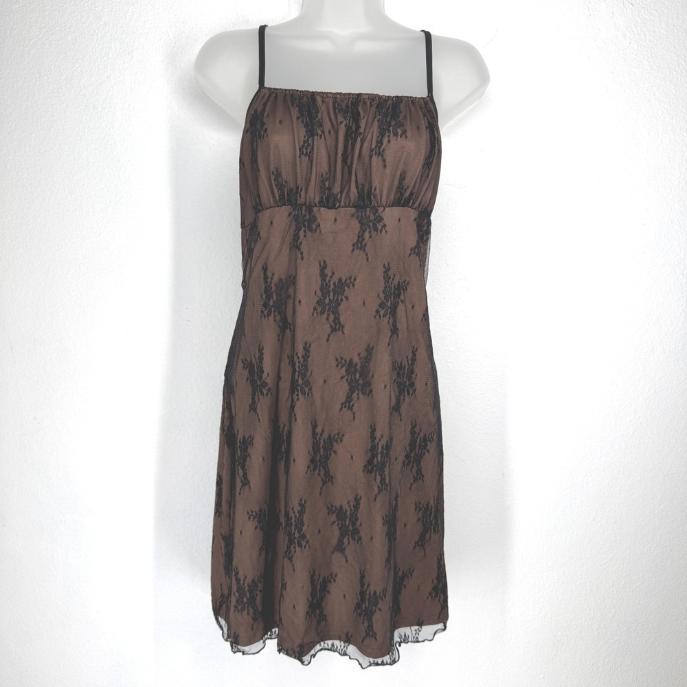Women Black Floral Lace Overlay Mesh Mini Slip Dress Spaghetti Strap XL Goth